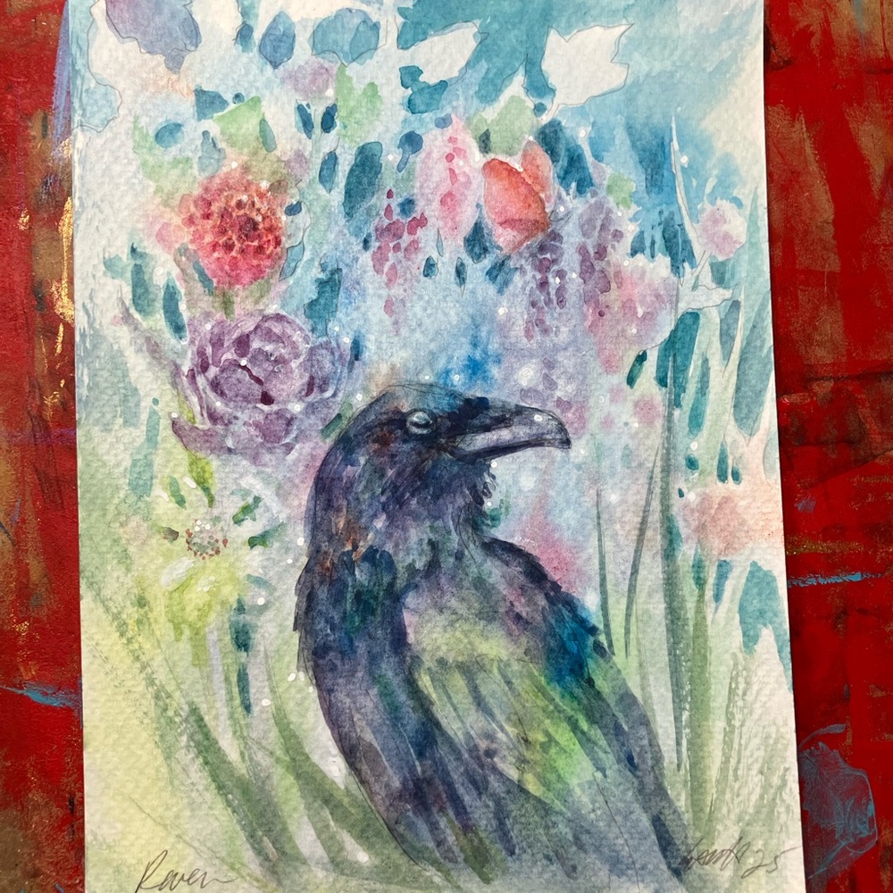 Original Raven garden painting crow art watercolor floral nature decor Artettina
